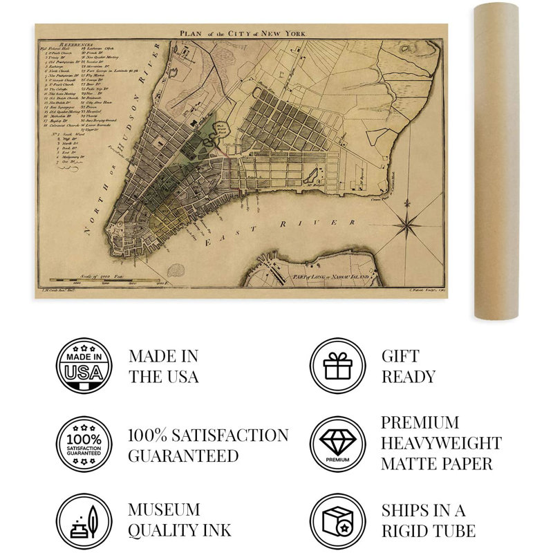 «1789 Plan of New York City Map», art mural sur papier, H 16 po x l 24 po x P 0,1 po