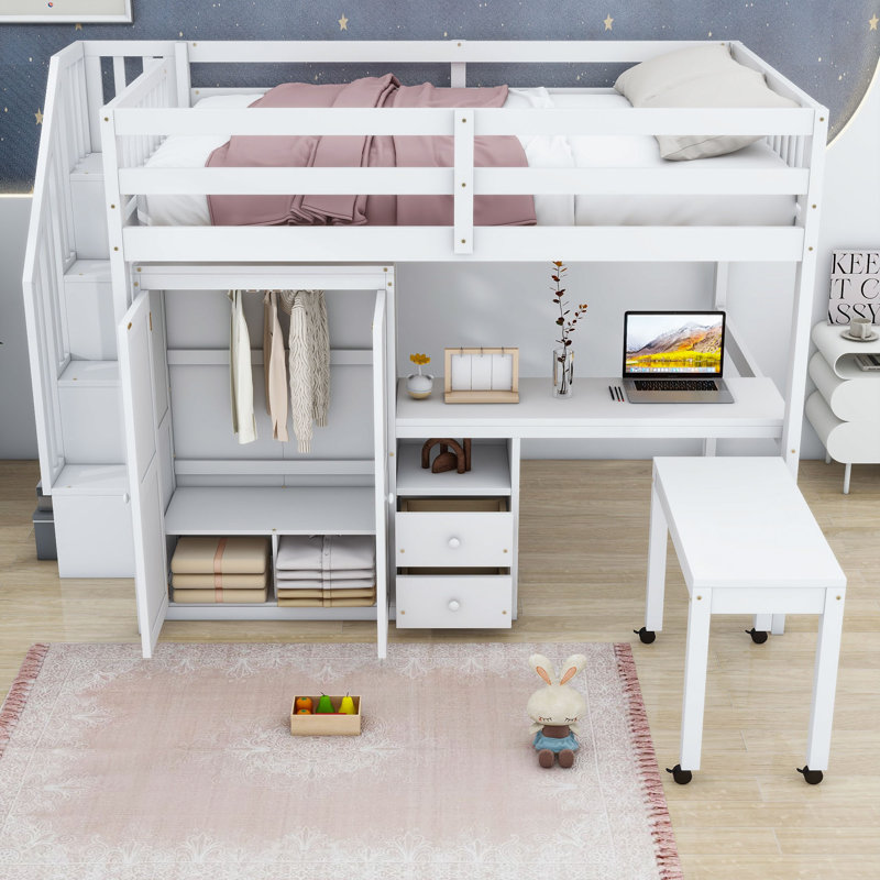 2 Drawers Loft Bed With Storage Staircase, Desk, Shelves & Wardrobe, Full, White