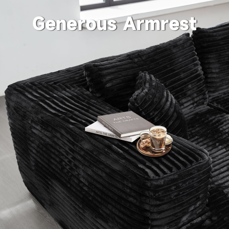 Canapé-lit 2 pièces avec coussin Kessas, Velours côtelé noir plus, Orienté vers la gauche