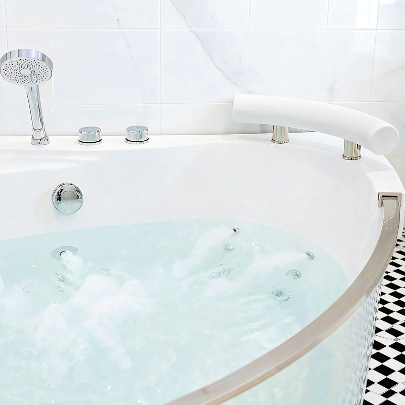 2 Person 16 Jet 59 Inch Acrylic Corner Spa Bathtub With Heater, Rainbow And Comfortable Design Ul Hydro Massage For Two, Heater Automatic Floor Lighting, Milk White