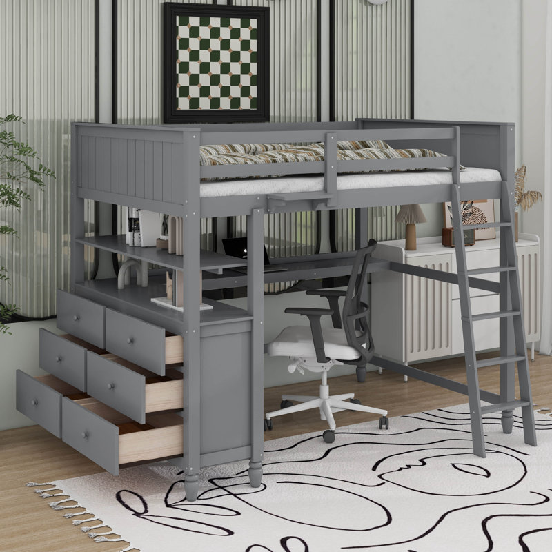 Lit mezzanine avec tiroirs, bureau et tablettes, Double, Gris