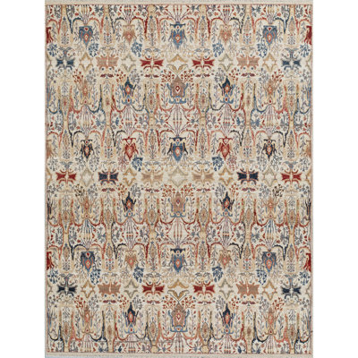 Wool Damask Area Rug in Ivory/Red/Blue/Brown