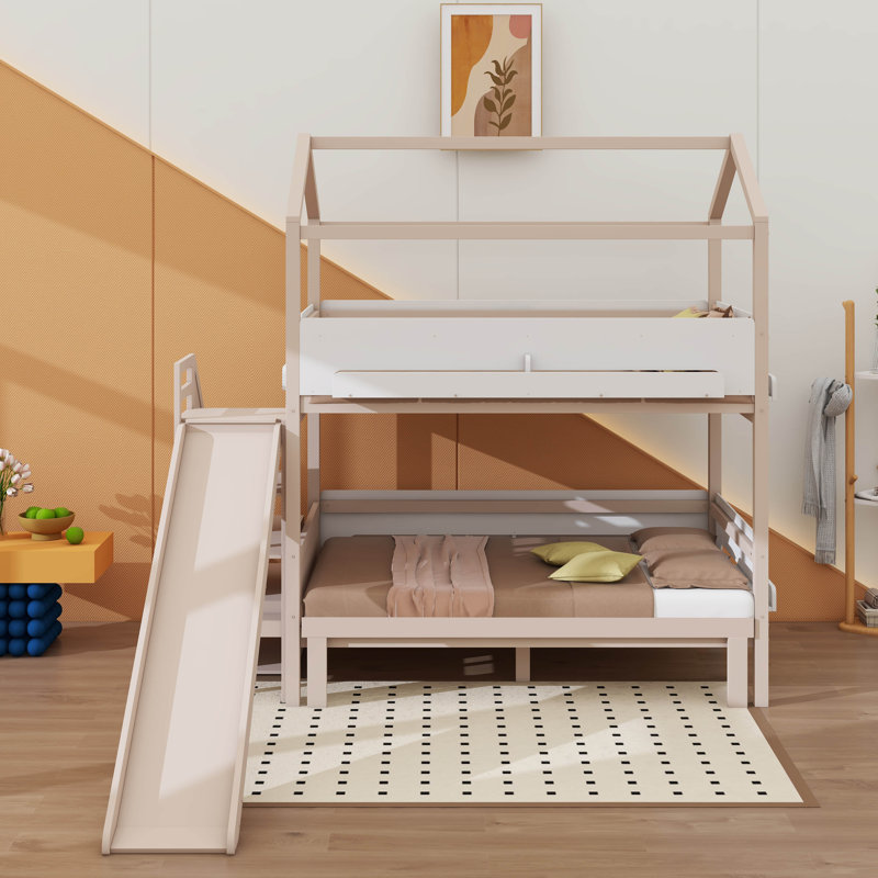 Lit superposé avec glissière et escalier de rangement, lit superposé en bois, cadre en forme de maison avec garde-corps et tablettes