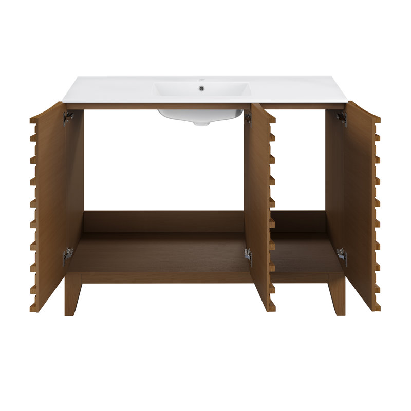 Meuble-lavabo Cascade 48 po en chêne brun, Trou unique, Blanc, Brown Oak