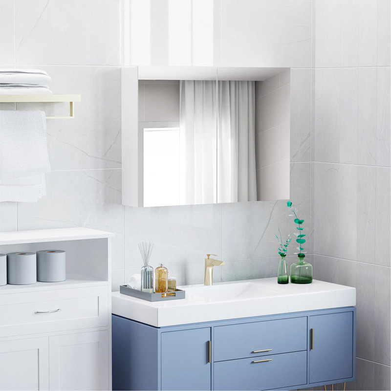 Miroir de salle de bain mural à double porte avec tablettes réglables et tablette inférieure