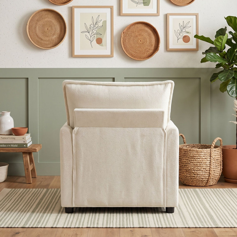 Fauteuil d'appoint rembourré avec coussin double couche, coussin lombaire et poches de rangement latérales, Beige