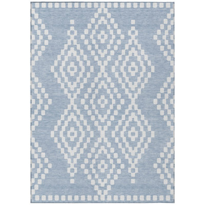 9' X 12' Denim Blue And Ivory Geometric Washable Indoor Outdoor Area Rug