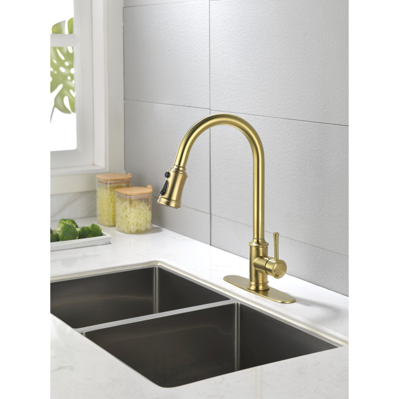 High Arc Brushed Gold Kitchen Faucet - Stainless Steel With Pull Down Spray Head For Optimal Water Reach, 10.23 In. Package Width Out In 360 Rotating Nozzle, 9.82 Space Saving