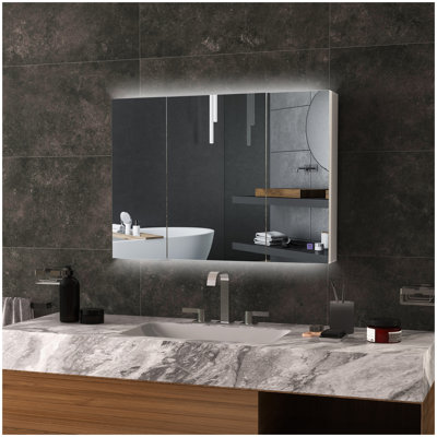 kleankin Lighted Medicine Cabinet with Mirror, 26" x 36" Wall Mounted Bathroom Mirror with Storage, 3-Color Bathroom Wall Cabinet with USB Charge, Adjustable Shelf, High Gloss White