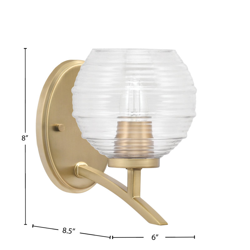 Kurve Wall Sconce With 6" Ribbed Glass, Clear, Brass
