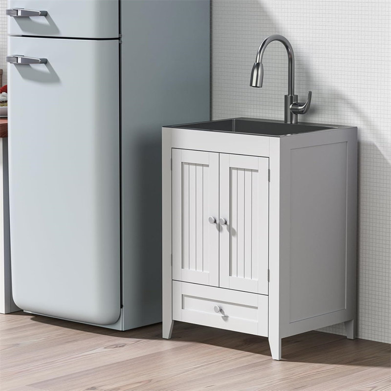 24-Inch Laundry Sink With Cabinet And Pull-Out Sprayer Faucet, White