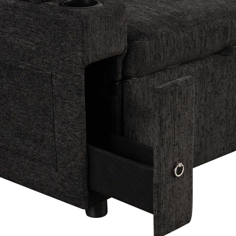En forme de L avec beaucoup de rangement et de ports, porte-gobelets et lit convertible, rangement pour lit modulaire noir, chargeurs, moderne