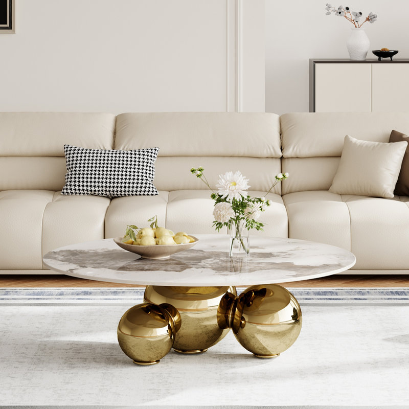 Table basse 39,5, table basse moderne avec plateau en pierre frittée Pandora et trois boules dorées, Gold/White/Grey