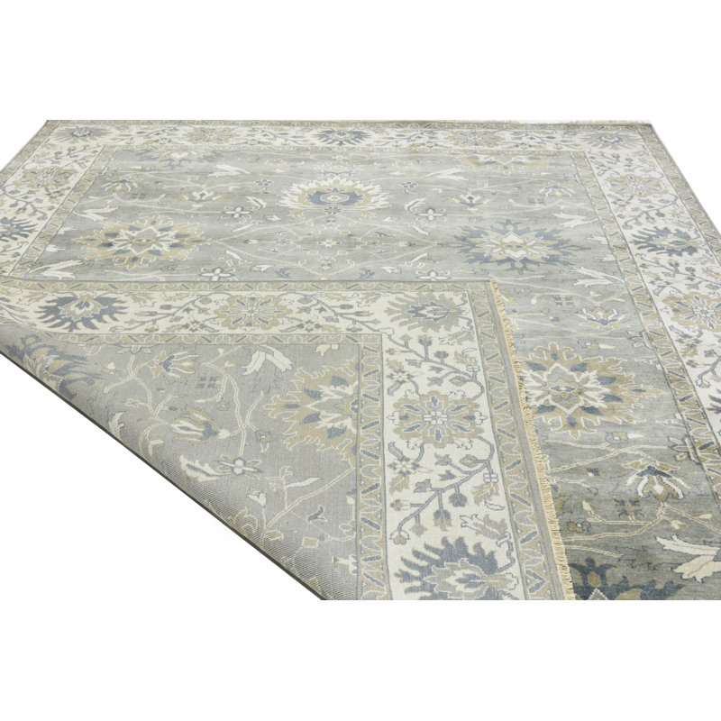 Floral Handmade Hand-Knotted Rectangle 9'1" x 11'10" Wool Area Rug in Cream