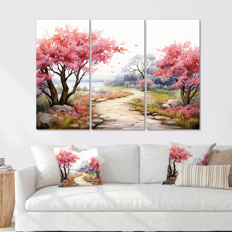 «Country Road entre les fleurs de cerisier» - ensemble de décorations murales campagne, H 28 po x l 36 po x P 1 po