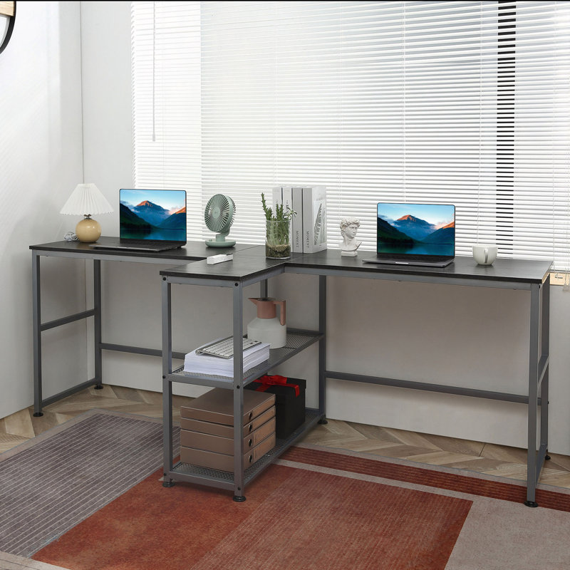 Bureau d'ordinateur 83 po pour 2 personnes avec 2 tablettes de rangement, poste de travail double avec étagère à livres, longue table de bureau pour le bureau personnel