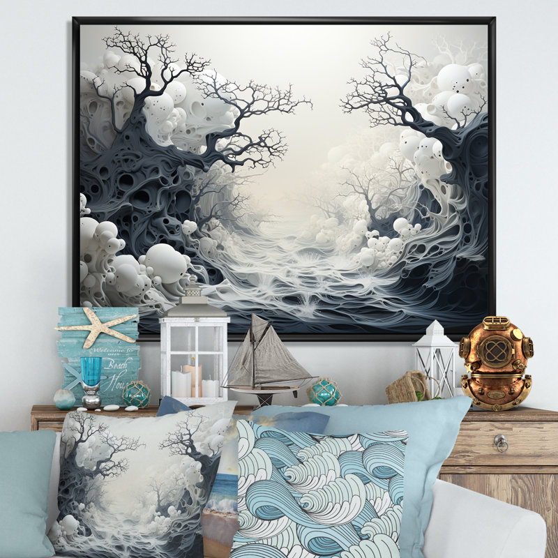 Scènes de tempête marine monochrome - reproduction sur toile, H 30 po x l 40 po x P 1,5 po, Cadre flottant noir