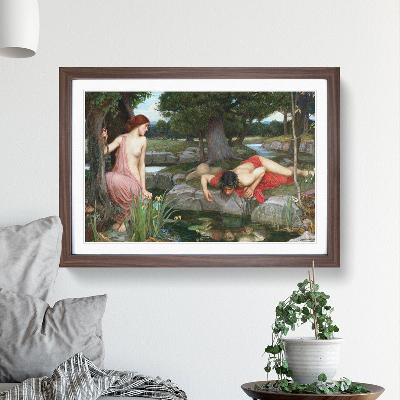 Echo and Narcissus by John William Waterhouse - Picture Frame Painting on MDF, Walnut Framed, 27cm H x 36cm W x 2cm D