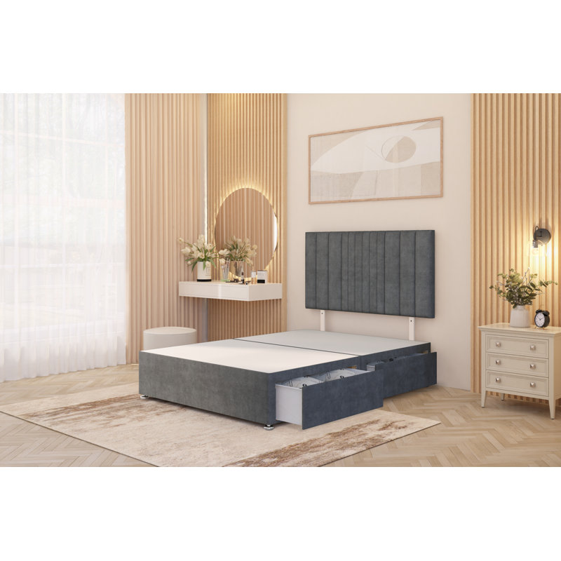 Alyssa Velvet Divan Bed Set Sprung Memory Foam Mattress & Headboard with Drawers, Silver, Single (3'), 2 Draw