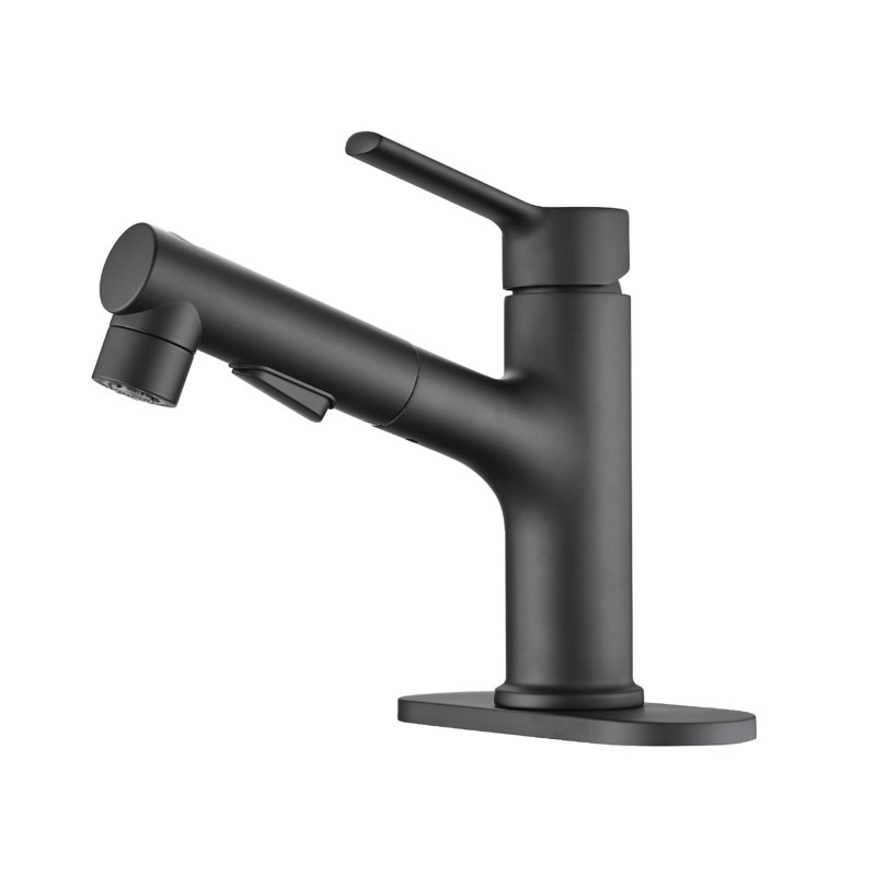 Contemporary Bathroom Sink Faucet With Pull-Out And Drain, Matte Black Look, Stylish Pop-Up Drain In Black, Modern Design