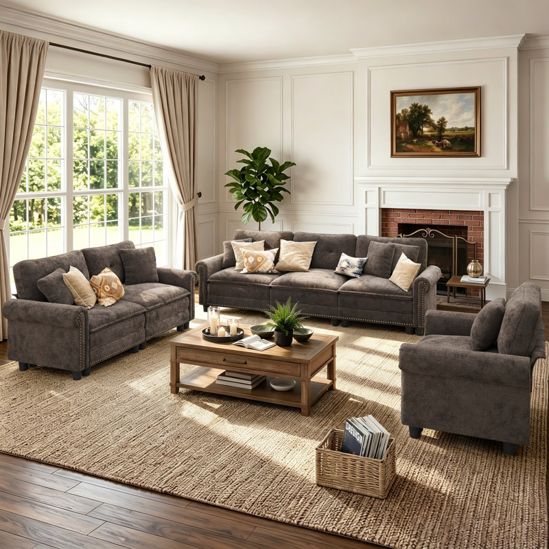 Ensemble de canapé modulaire rembourré 3 pièces avec garniture cloutée, ensemble de canapé surdimensionné avec canapé, causeuse et fauteuil
