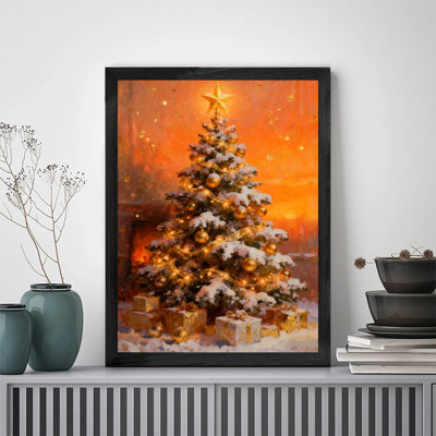 Reproduction d'art encadré noir, arbre de Noël et cadeaux d'hiver rétro