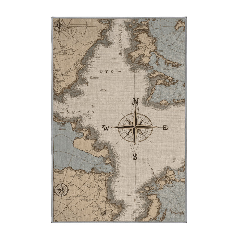 Washable Nautical Map Plus Coastal Area Rug, Runner 2' x 4'