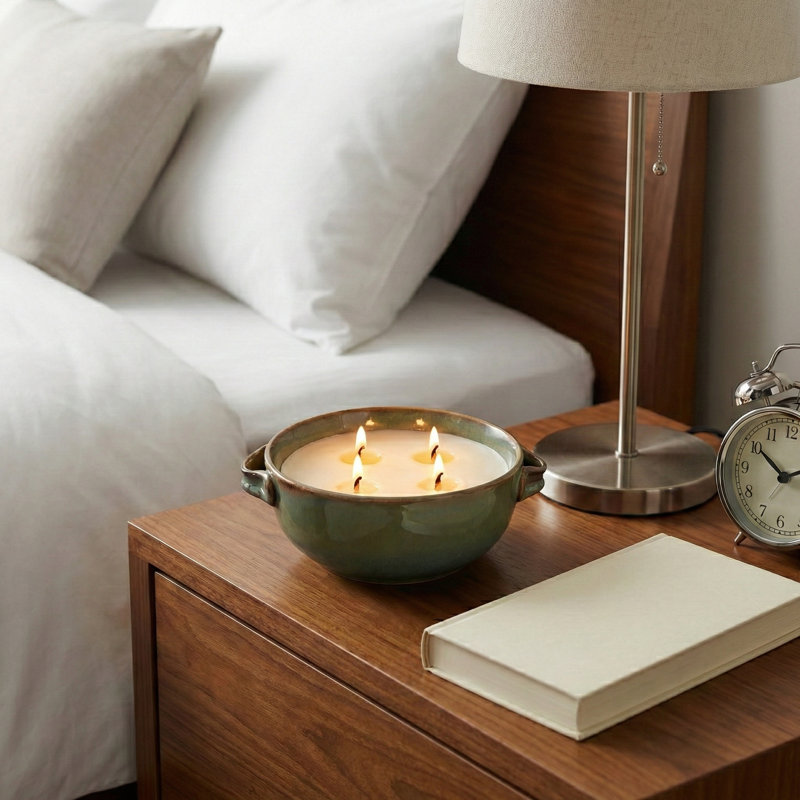 Bougie décorative en forme de bol décoratif en céramique avec poignées, Vert