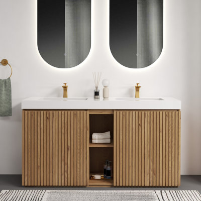 Freestanding Knotty Oak Bathroom Vanity with Double White Quartz Sink, Large Storage Capacity, Soft-Close Hinges, Eco-Friendly Construction, and Easy Assembly.
