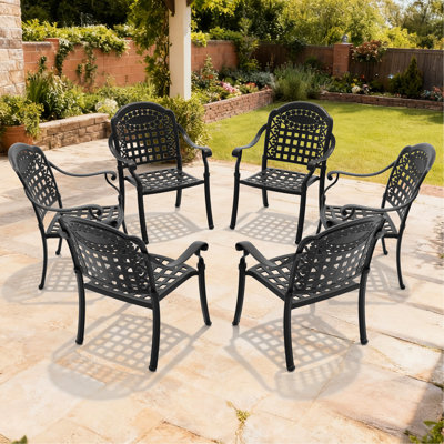 6 chaises de patio en fonte d'aluminium avec cadre noir et coussins bleus, procédé de coulée traditionnel pour des lignes exquises, solution extérieure élégante, revêtement thermolaqué à haute température
