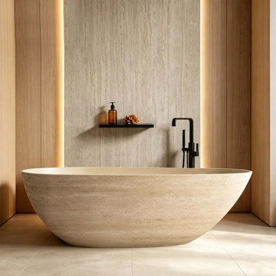 Freestanding Oval Bathtub, High-molecular Eco-friendly Soaking Tub with 120° Ergonomic Backrest