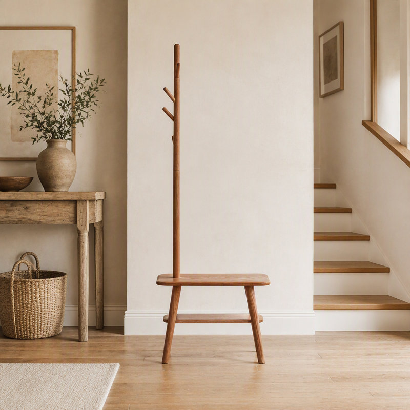 Tabouret à chaussures en bois massif naturel avec porte-chaussures, banc de rangement moderne du milieu du siècle pour entrée et salon