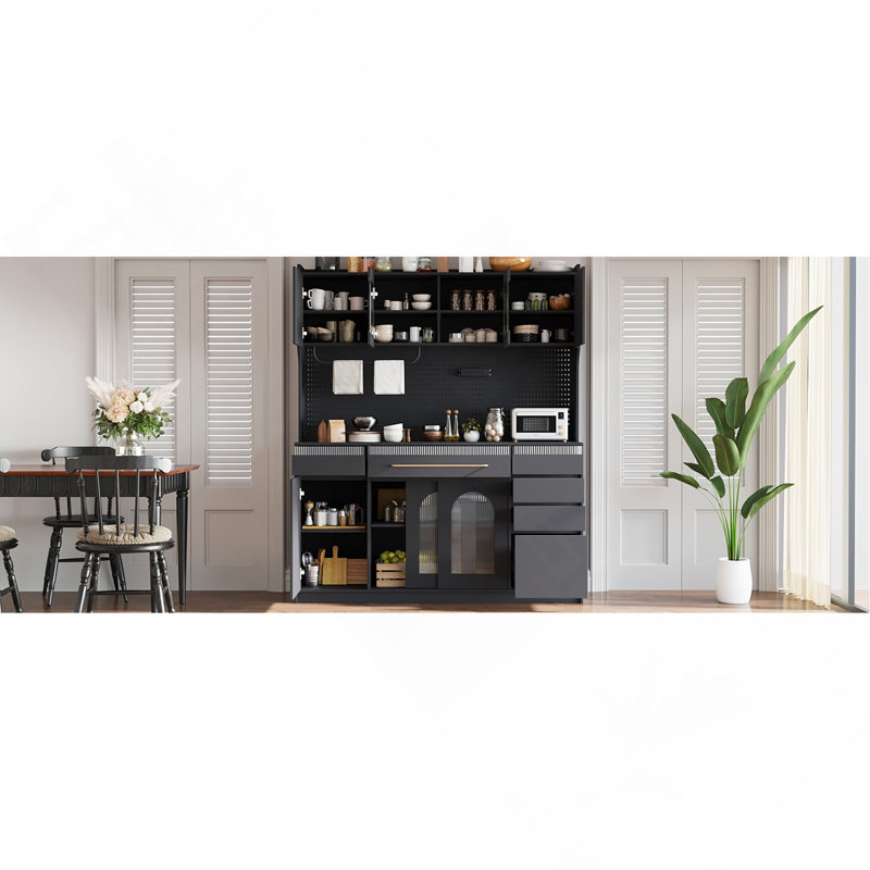 Cabinet Freestanding 63" W Buffet With Hutch, Large Coffee Bar Storage With 6-Drawers, 5 Cabinets With Adjustable Shelves,Pegboard,Towel Rack, Power Outlet,Black