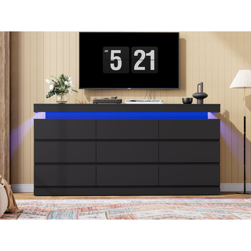9 Drawer Dresser for Bedroom - 63” Wide Chest of Drawers with  Light, Large TV Stand Multi-Function Home Organizer for Living Room, Entryway, Hallway, Black