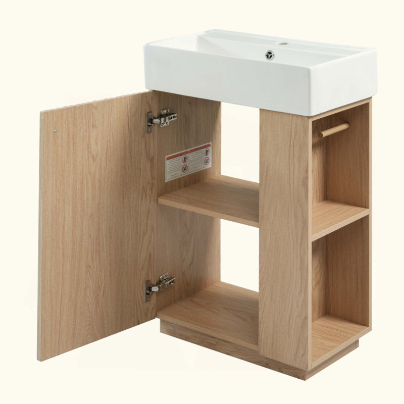 Meuble-lavabo de salle de bain avec lavabo en céramique, armoire à grain de bois autoportante à gauche avec rangement ouvert et fermé