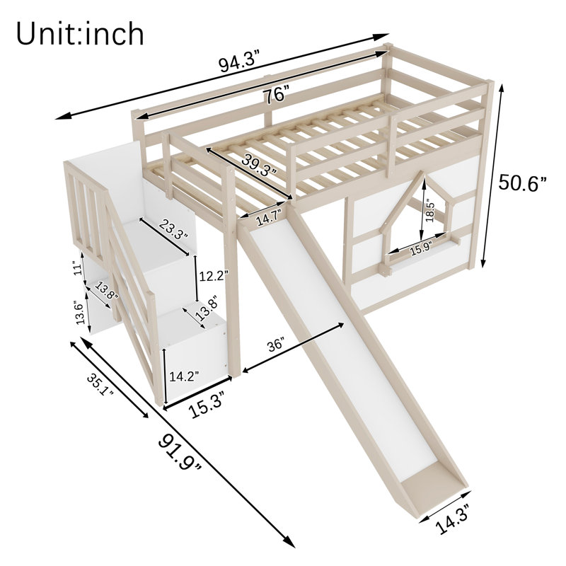 Lit mezzanine en bois double avec étagères, escalier de rangement, glissade, fenêtre et éclairage DEL, Blanc beige