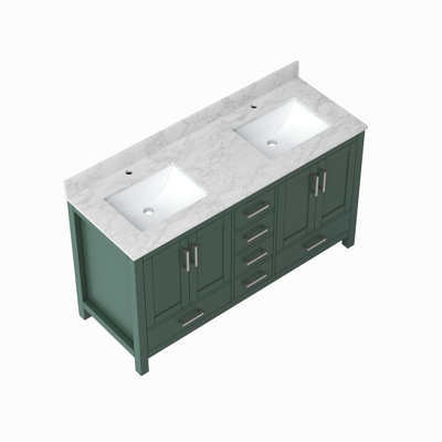Meuble-lavabo 60 po avec lavabo double et trou pour robinet, meuble-lavabo de salle de bain avec 4 portes et 6 tiroirs en vert