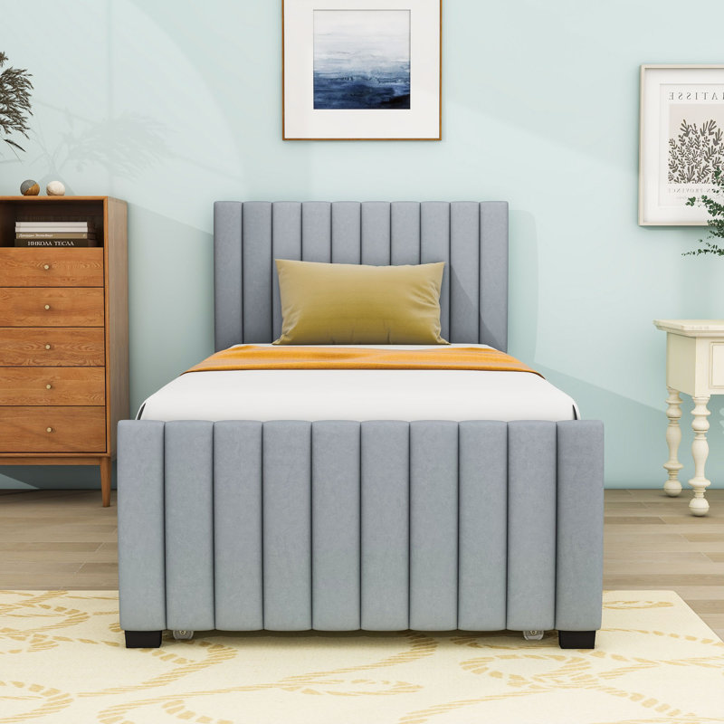 Twin Upholstered Platform Bed with Trundle, Gray