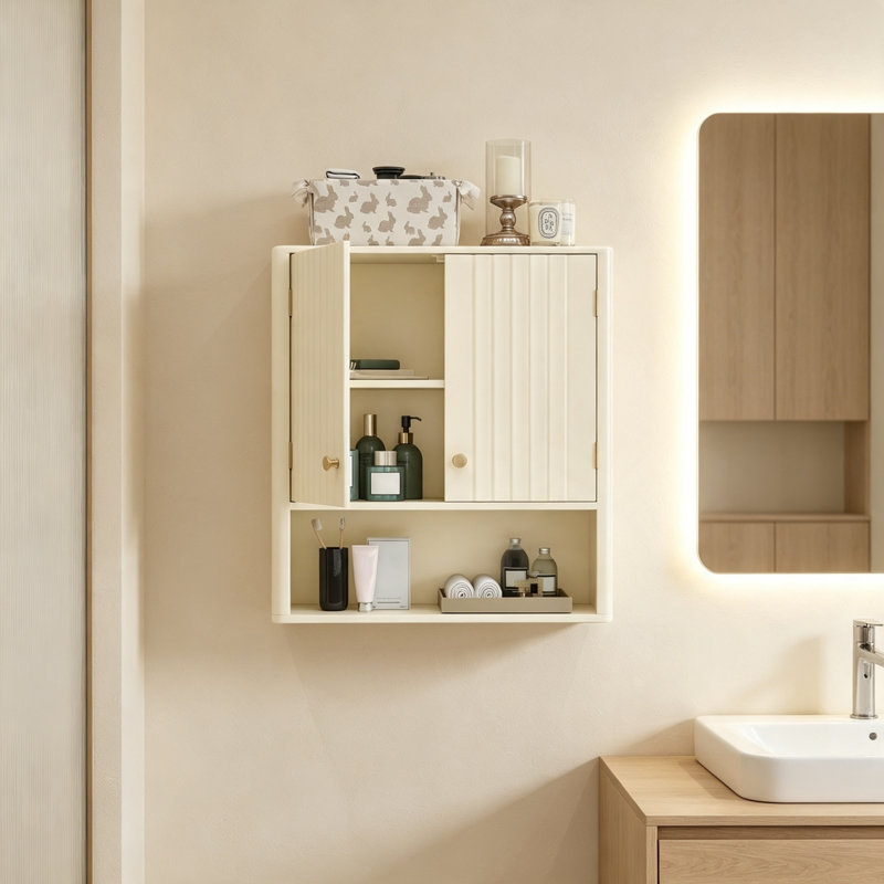 Wall Mounted Wooden Bathroom Storage Cupboard, Double Fluted Door Cabinet with Adjustable Shelf, Over Toilet Wall Storage Furniture