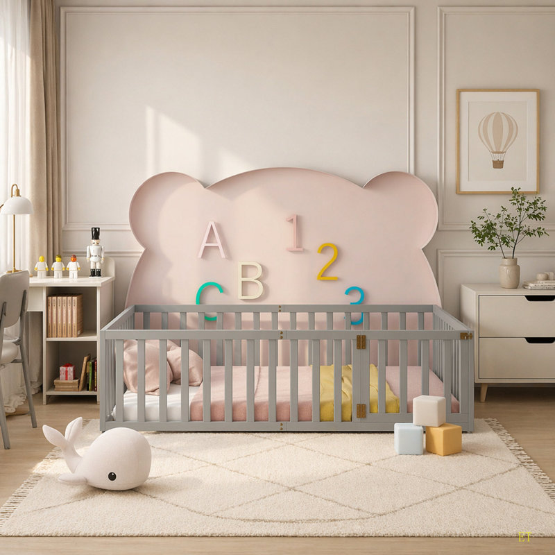 Structure de lit pour grand lit en bois avec clôture et porte, Gris, Grand lit