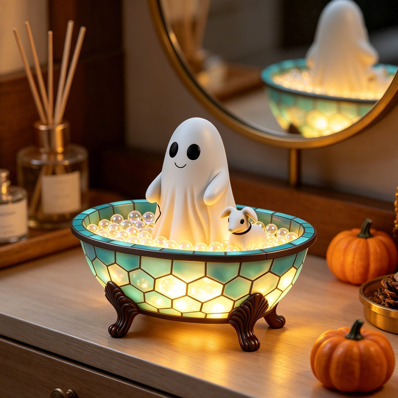 Halloween, fantôme mignon, baignoire, veilleuse, baignoire, vitrail, baignoire, fantôme, lampe, effrayant, automne, lumière DEL chaude pour la chambre à coucher, Halloween