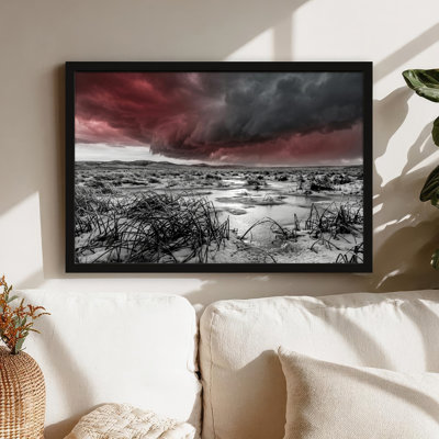 Toile noire encadrée en bois noir pour salon, chambre à coucher, bureau ou vestibule - décoration murale décorative avec paysage orageux