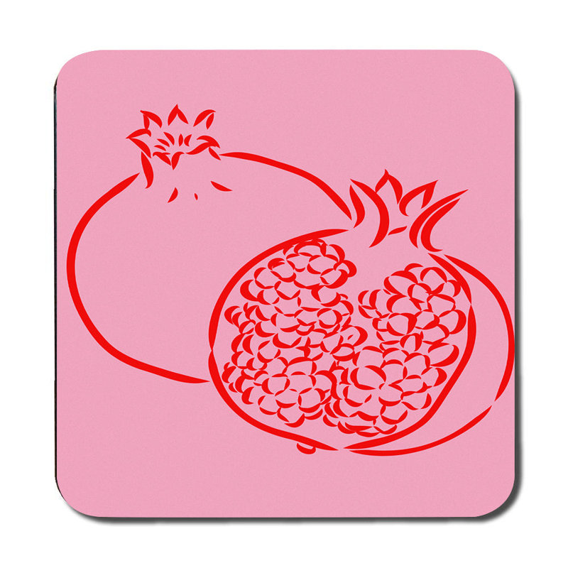 Placemat And Coaster Set 12 Pieces Pink Pomegranate Designer Artwork Exquisite Wood Bottom Finish