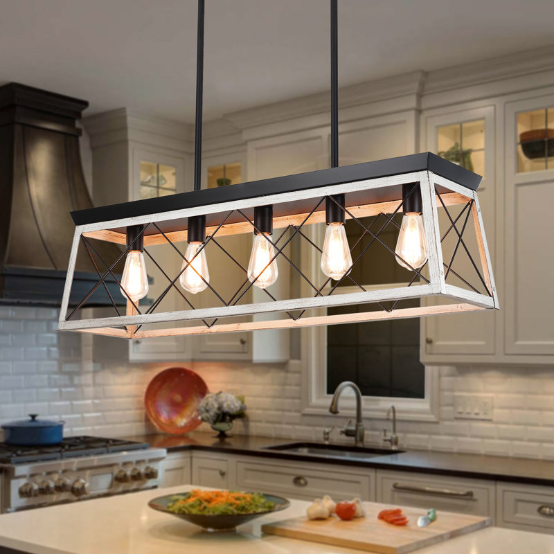Ayling 5-Light 38" W Vintage Industrial Metal Island Linear Chandelier with Rectangle Light Shade for Kitchen Island Dining Room