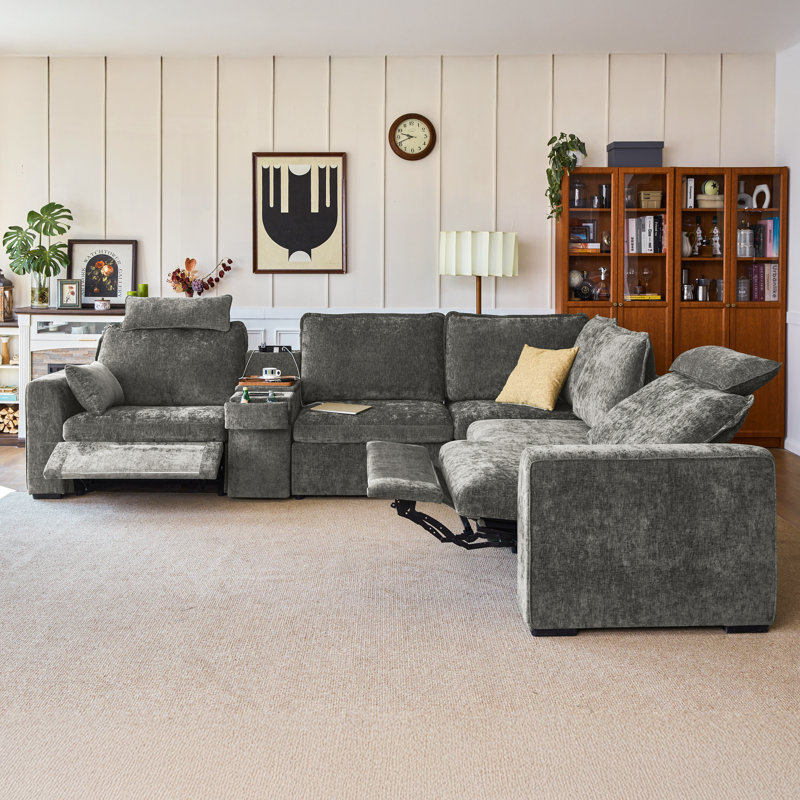 Canapé modulaire surdimensionné en chenille 6 places Olar, Gris chenille