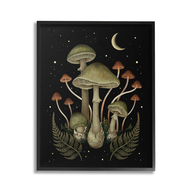 «Night Mushroom & Ferns», art de la giclée encadrée par Episodic Dessins, Giclée encadrée noir minuit, H 30 po x l 24 po