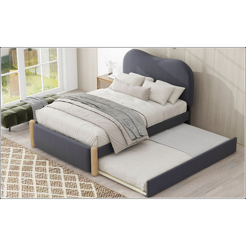 Lit plateforme tapissier avec pieds de soutien en bois et lit gigogne simple, durable et peu encombrant pour les chambres à coucher modernes