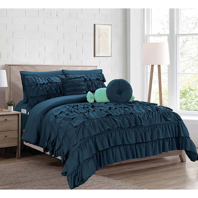 Elegant Comfort Ring Stitch Comforter, Navy, Queen Comforter + 9 Additional Pieces