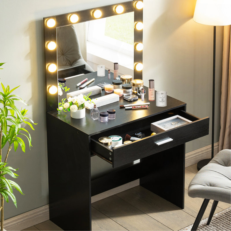 Bureau de coiffeuse avec miroir et lumières, coiffeuse avec grand tiroir, commode de rangement à 1 niveau et 3 modes d'éclairage à luminosité réglable, convient à la chambre à coucher (noir)