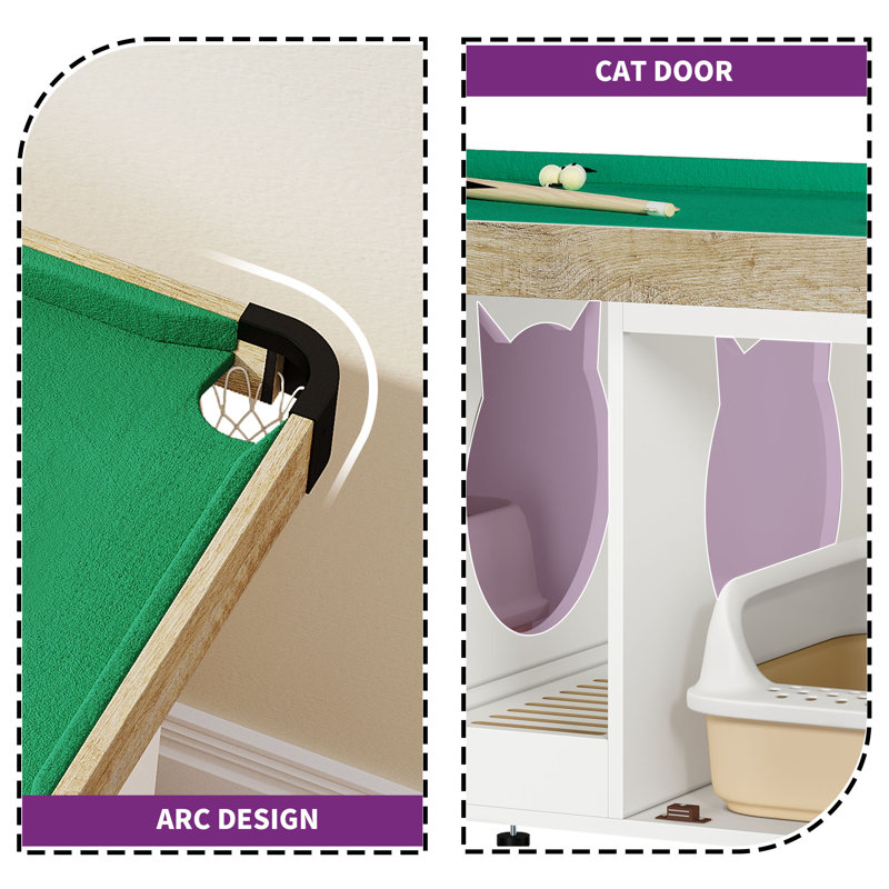 White Wooden Cat Litter Box Enclosure with Mini Pool Table